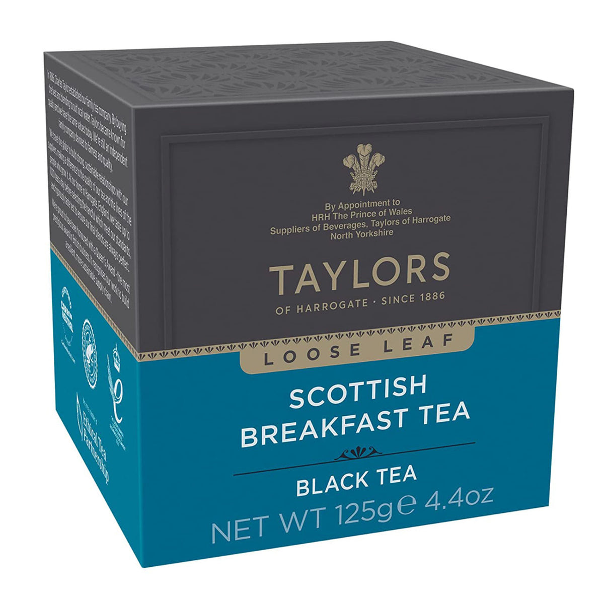Box of Taylors Scottish Breakfast Loose Leaf Black Tea on a white background