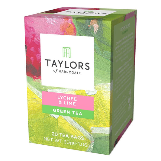 Box of Taylors of Harrogate Lychee & Lime Green Tea on a white background