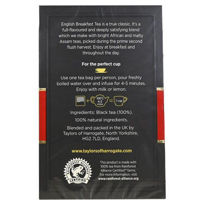 Side view of Taylor's of Harrogate English Breakfast Tea tea box.  Packaging is black with white text.  Package is a white background.
