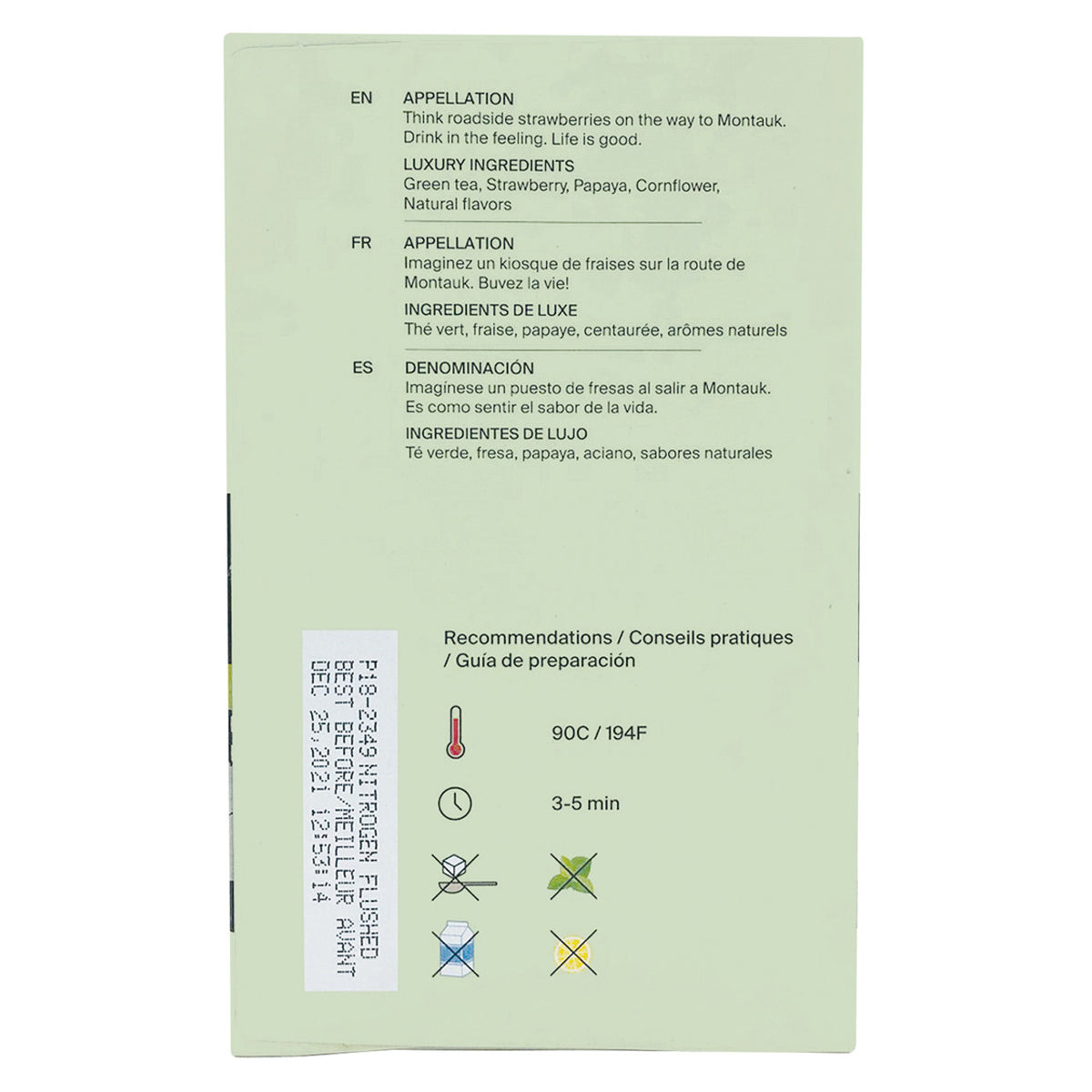 Bottom of a box of Metz tea featuring recommended brewing instructions.