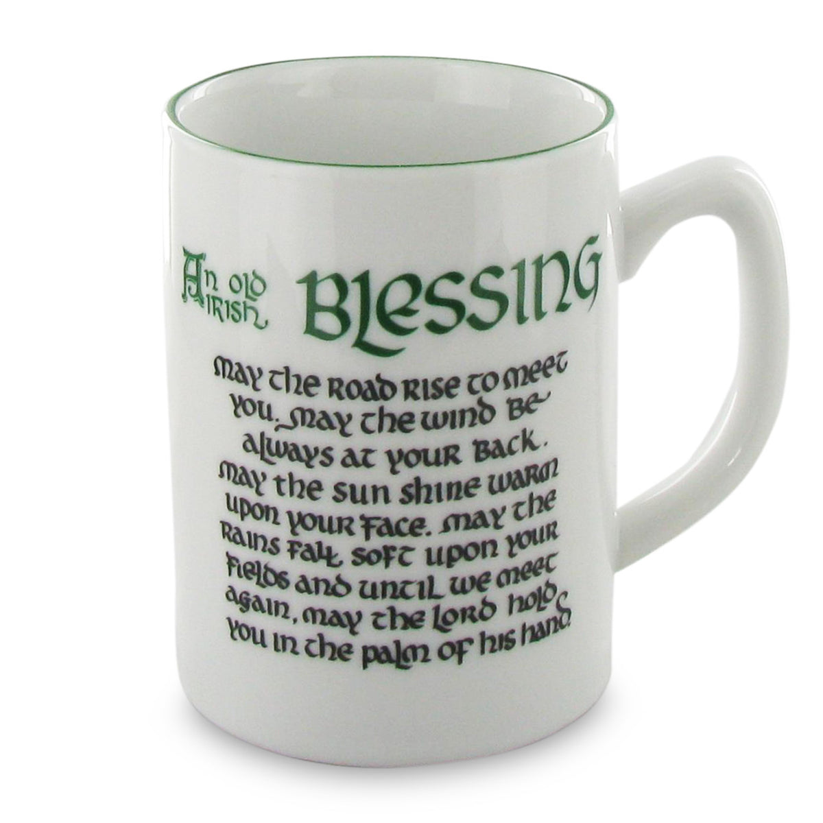 White mug with green text featuring an Irish blessing on a white background