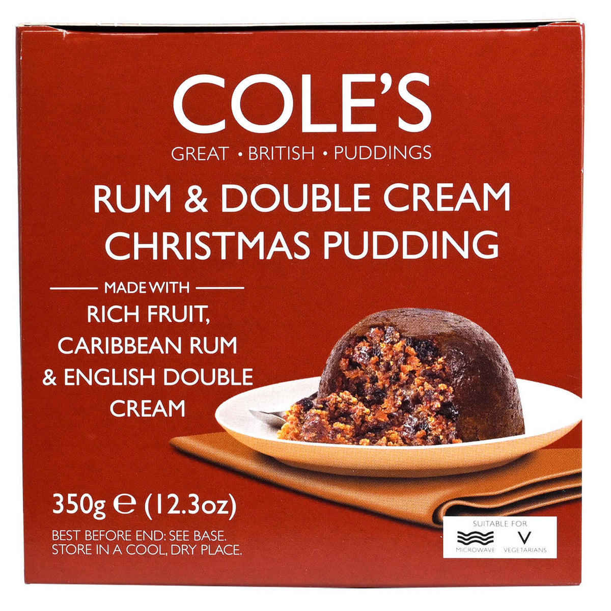 Box of Cole's Rum & Double Cream Christmas Pudding with a red background