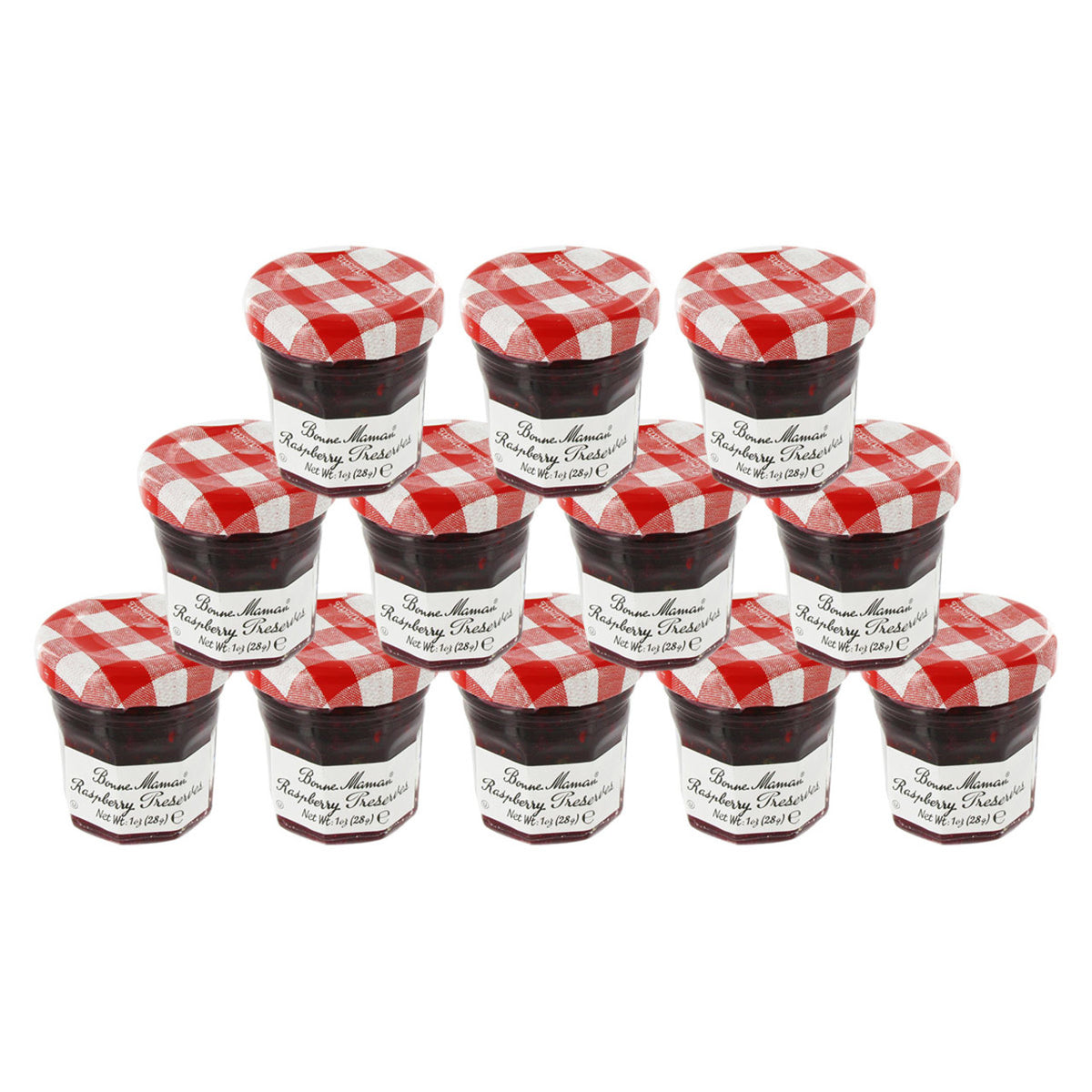 12 1oz jars of Bonne Maman Raspberry Preserve with a red and white checkered lid on a white background