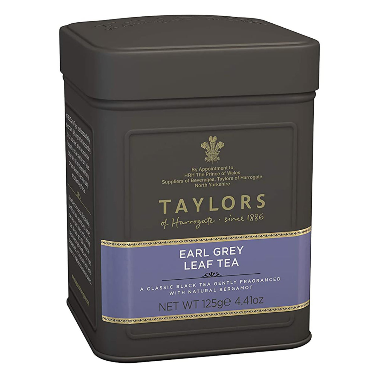 Taylors of Harrogate Earl Grey leaf tea tin on a white background