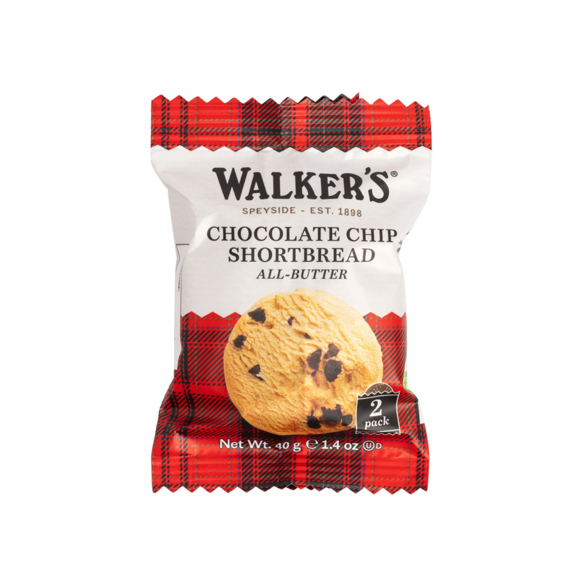 Walker's chocolate chip shortbread packaging with red plaid design on a white background