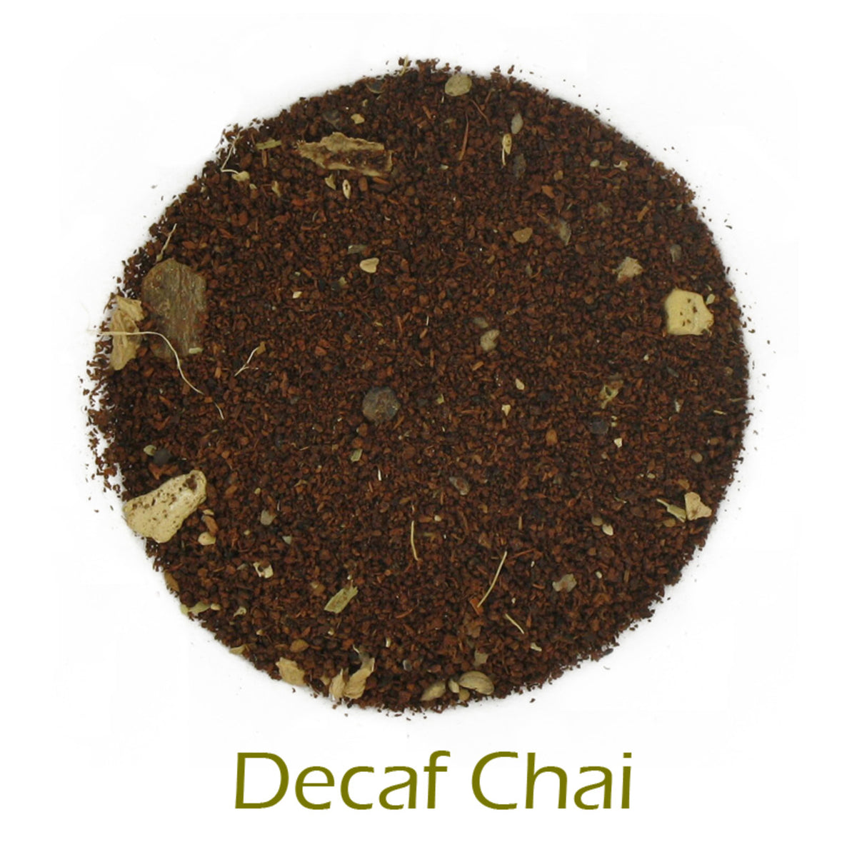 Decaf Chait loose-leaf tea on a white background with product title text callout at bottom