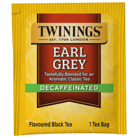 Twinings Earl Grey decaffeinated tea package on a white background