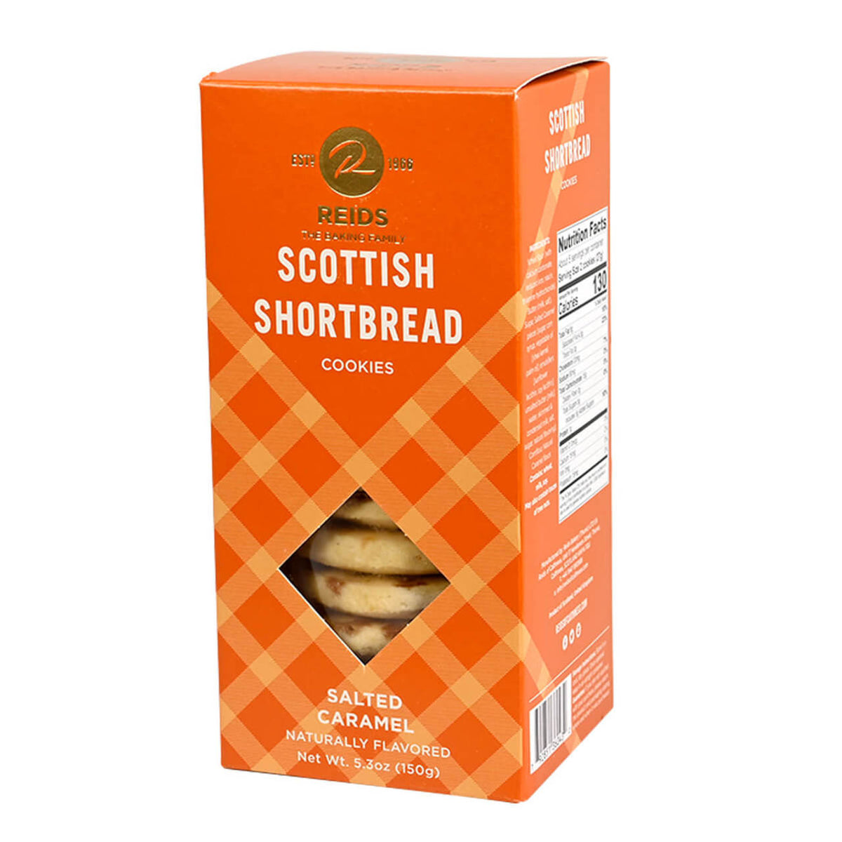 Box of Reids Scottish Shortbread Cookies with an orange checkered pattern on a white background