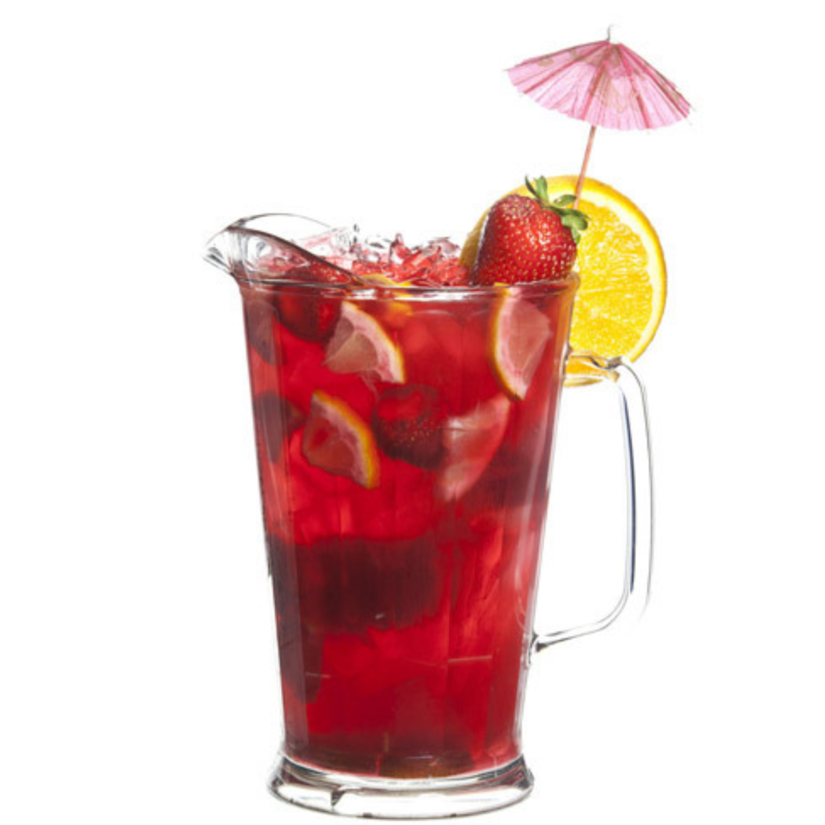 Pitcher of red colored iced tea with strawberries and lemon slices on a white background