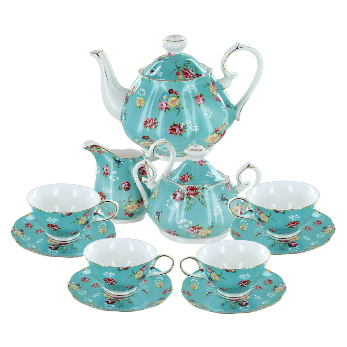 Turquoise porcelain tea set with floral design featuring tea pot, creamer and sugar set, and four teacups and saucers all on a white background.