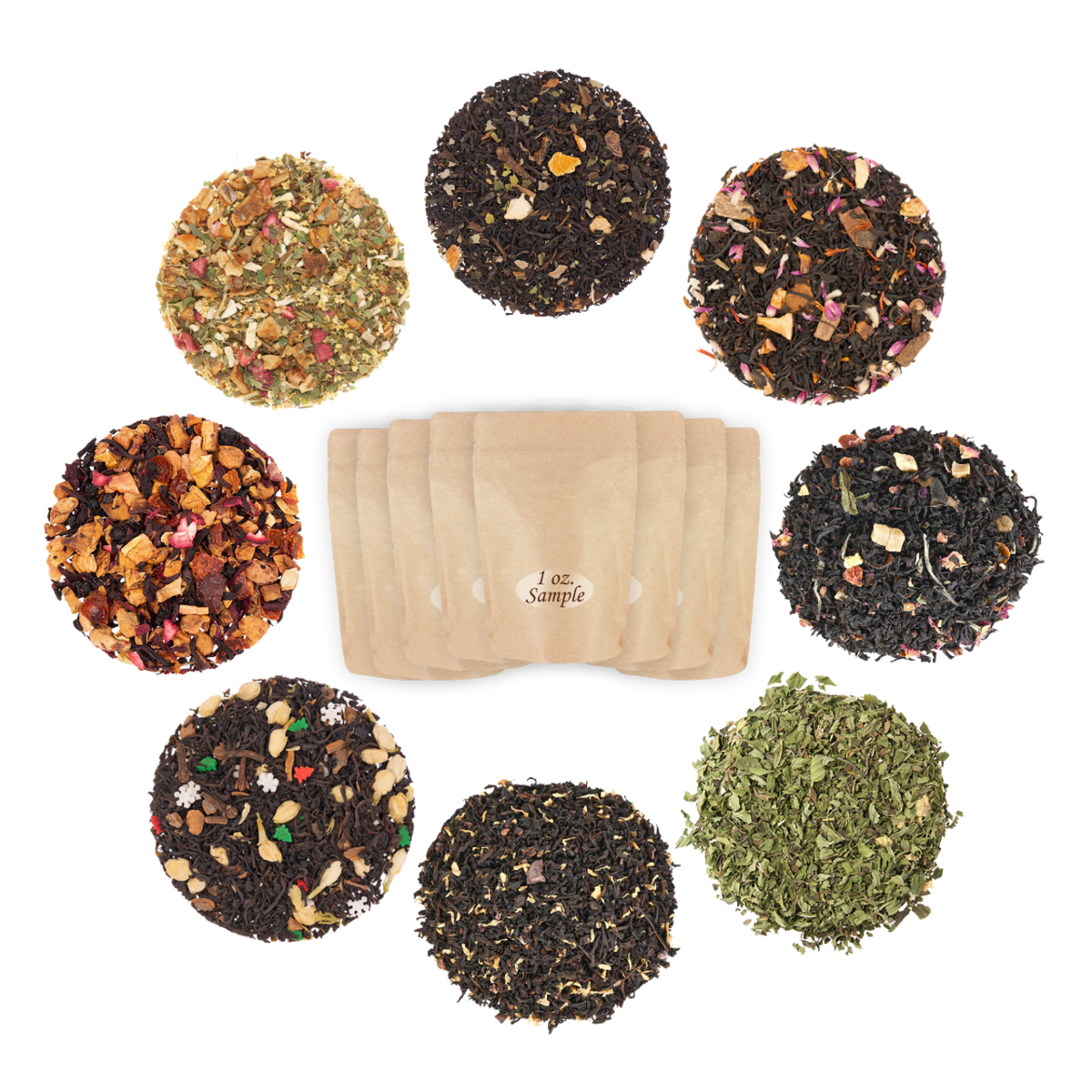 Assorted types of tea leaves arranged around a set of tea bags on a white background