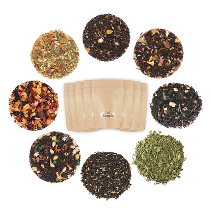 Assorted types of tea leaves arranged around a set of tea bags on a white background