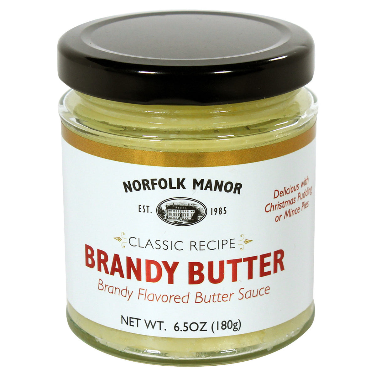 Jar of Norfolk Manor Brandy Butter on a white background