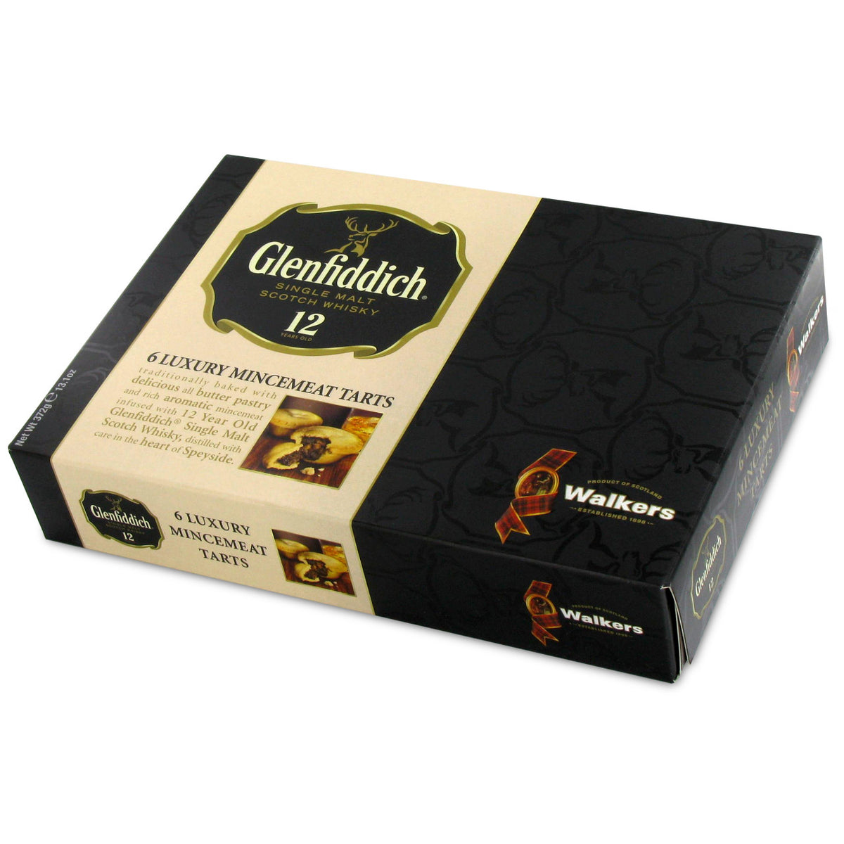 Box of Glenfiddich and Walkers mince meat tarts on a white background