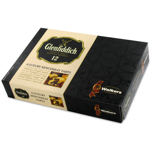 Box of Glenfiddich and Walkers mince meat tarts on a white background