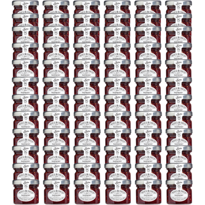 72 1oz mini jars of Tiptree Raspberry Preserve, showing the clear glass jar filled with red preserve and the Tiptree brand label on the lid.