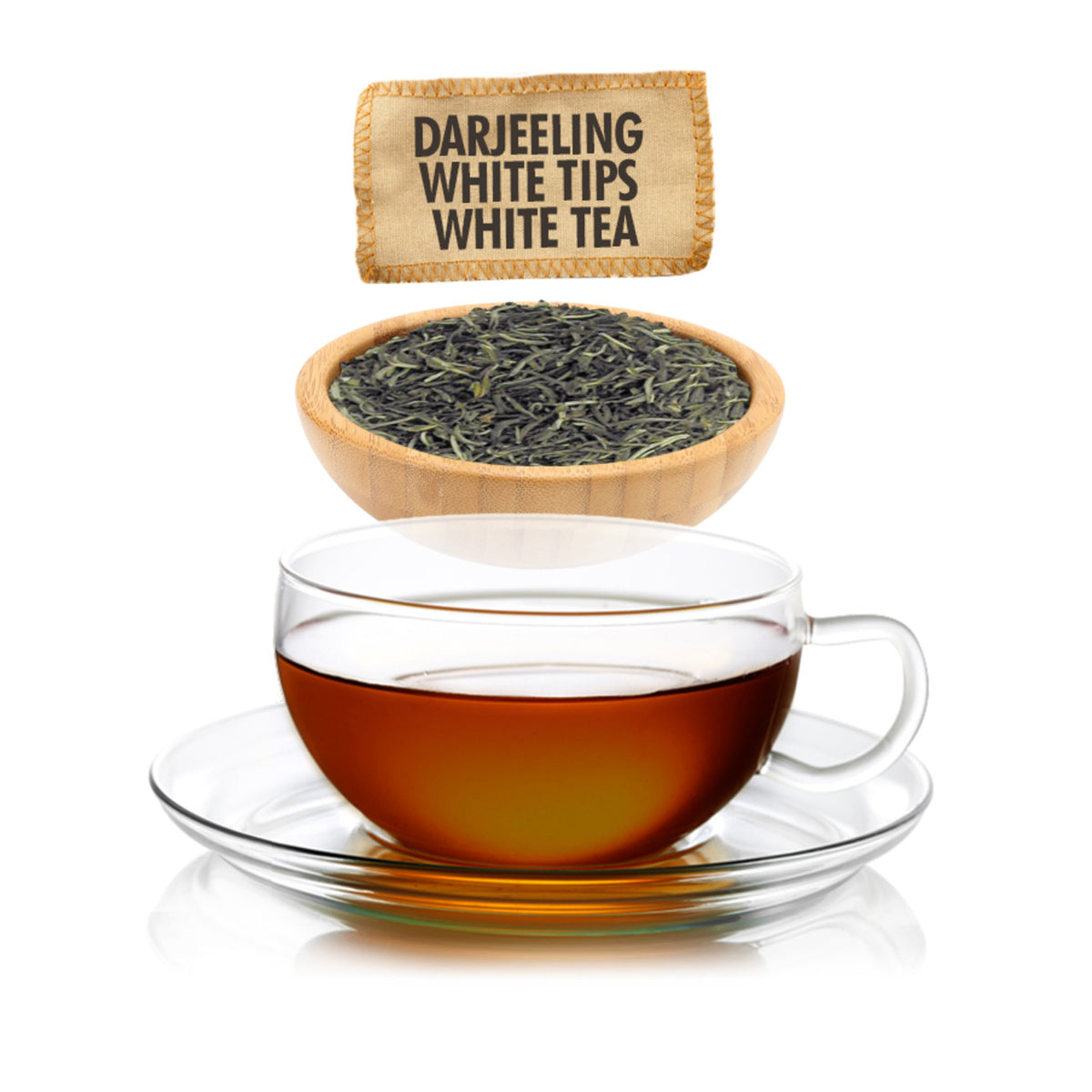 Glass cup of Darjeeling White Tips white tea with tea leaves in a wooden bowl and tea bag above on a white background