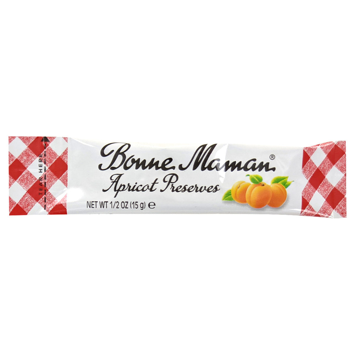Bonne Maman Apricot Preserves single serving packaging on a white background