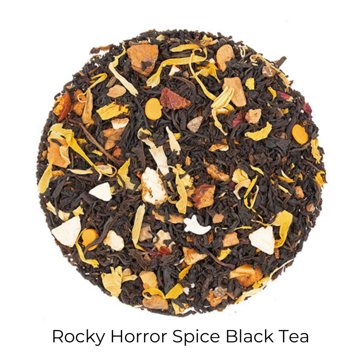 Rocky Horror Spice Black loose-leaf tea in a circular pattern on a white background with product name callout at the bottom