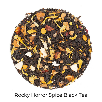 Rocky Horror Spice Black loose-leaf tea in a circular pattern on a white background with product name callout at the bottom