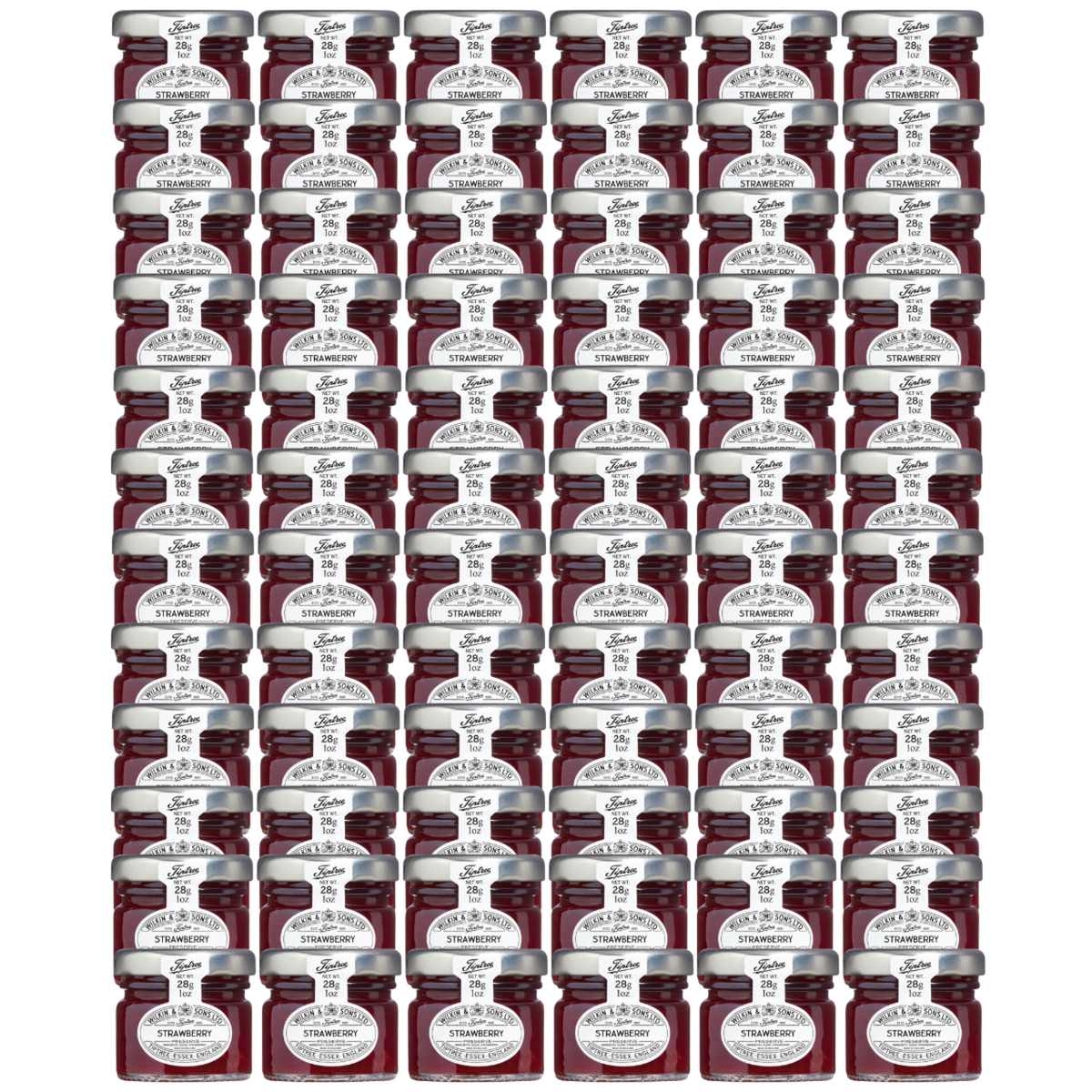 72 1oz mini jars of Tiptree Strawberry Preserve, with a label indicating it is a product of Wilkin & Sons Ltd, Tiptree, Essex, England.