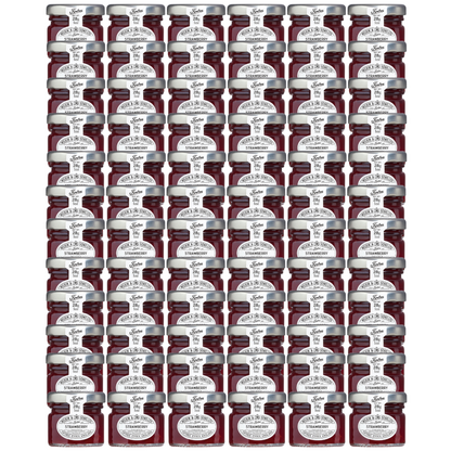 72 1oz mini jars of Tiptree Strawberry Preserve, with a label indicating it is a product of Wilkin & Sons Ltd, Tiptree, Essex, England.