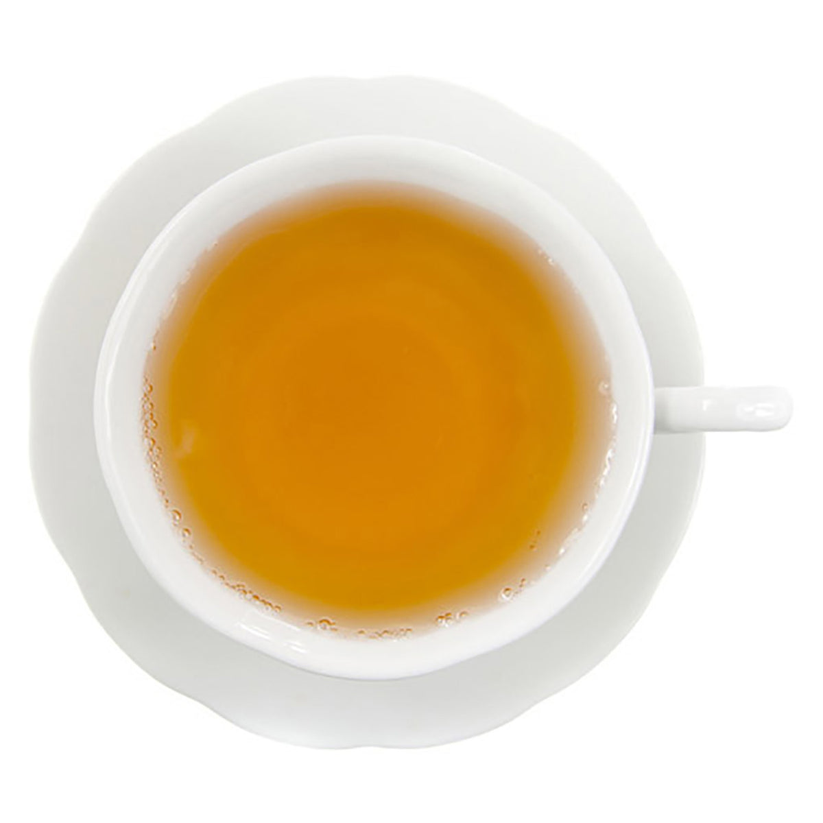 White cup and saucer with a hot tea on a white background