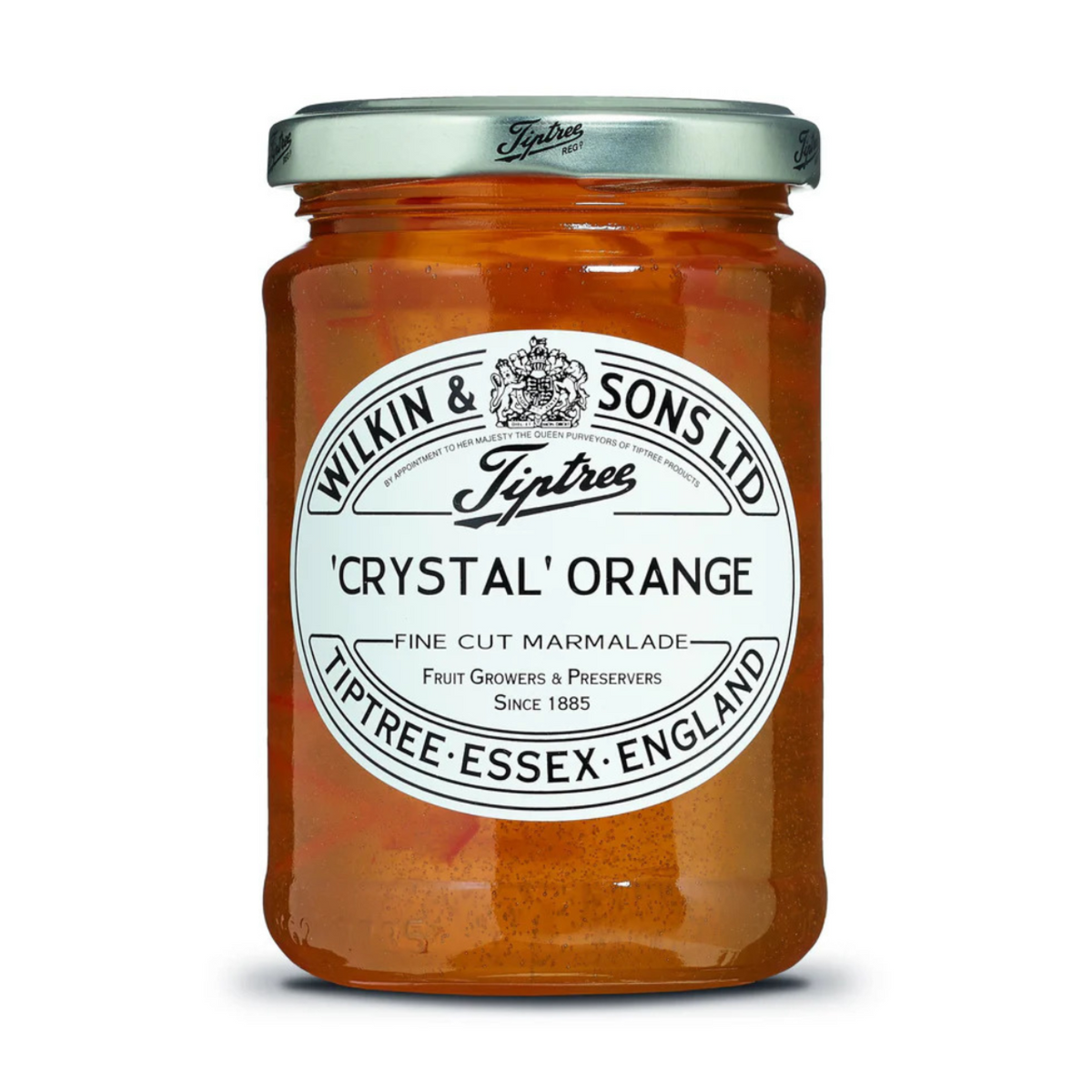 Jar of Tiptree Crystal Orange marmalade on a white background