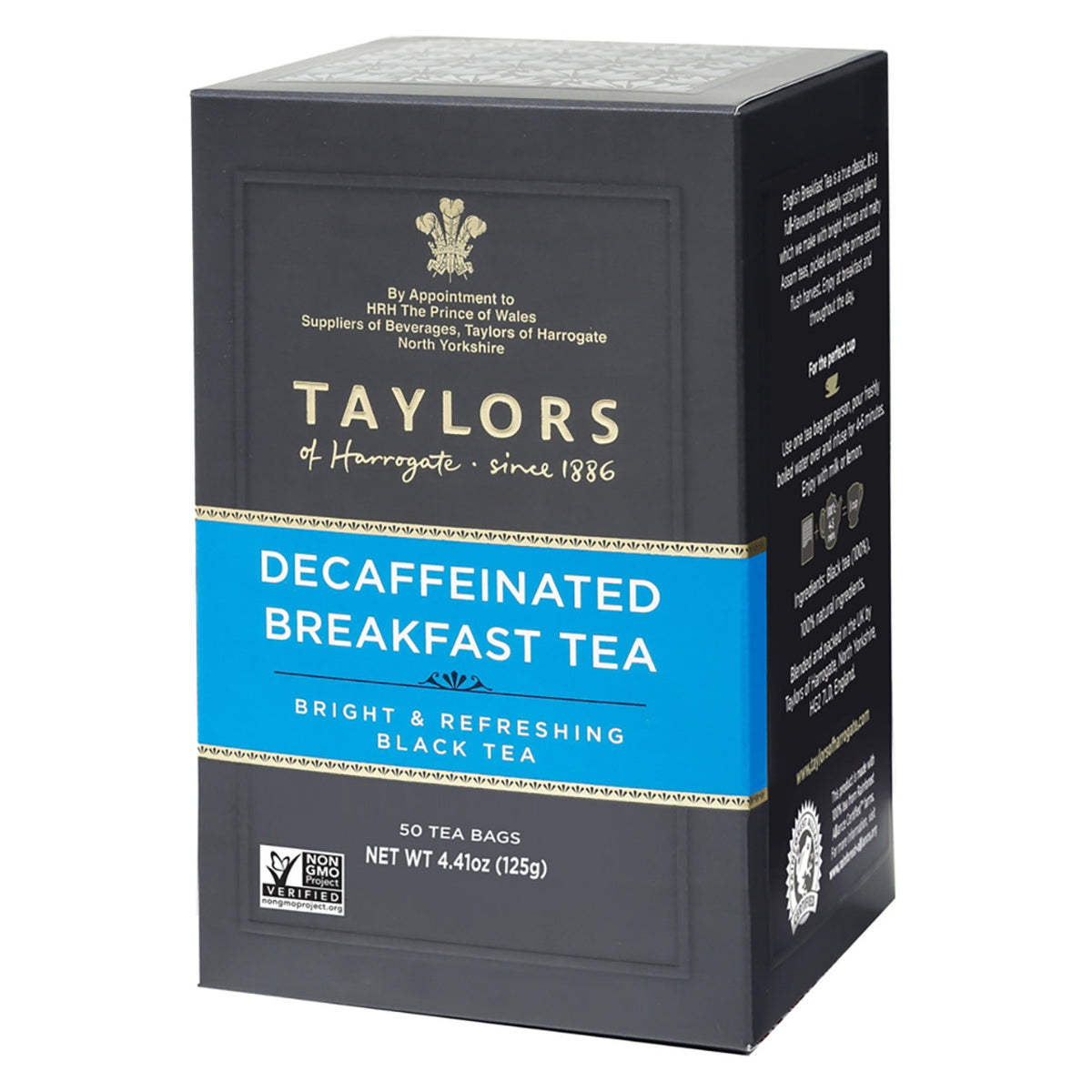 Box of Taylors Decaffeinated Breakfast Tea on a white background