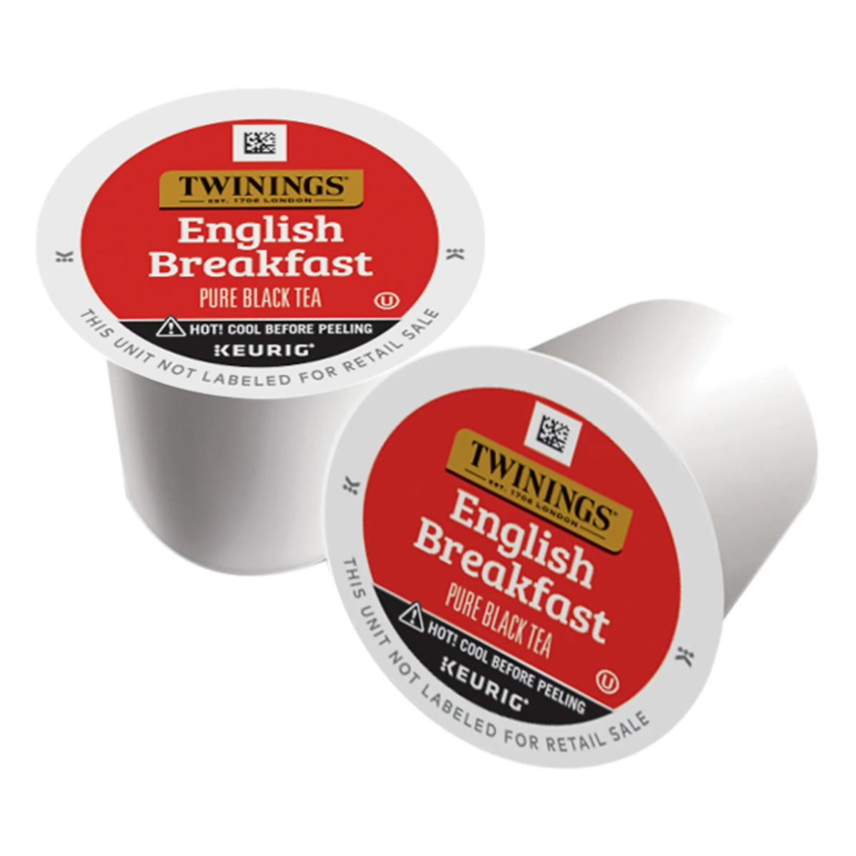 Two Twinings English Breakfast tea Keurig K-cups on a white background