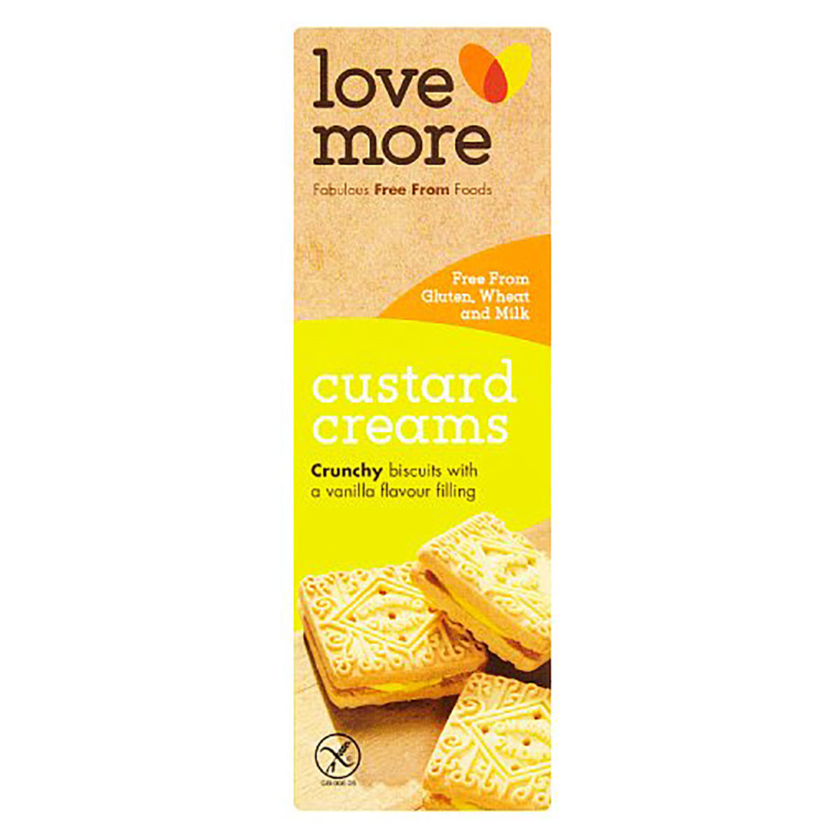 Box of love more custard creams on a white background