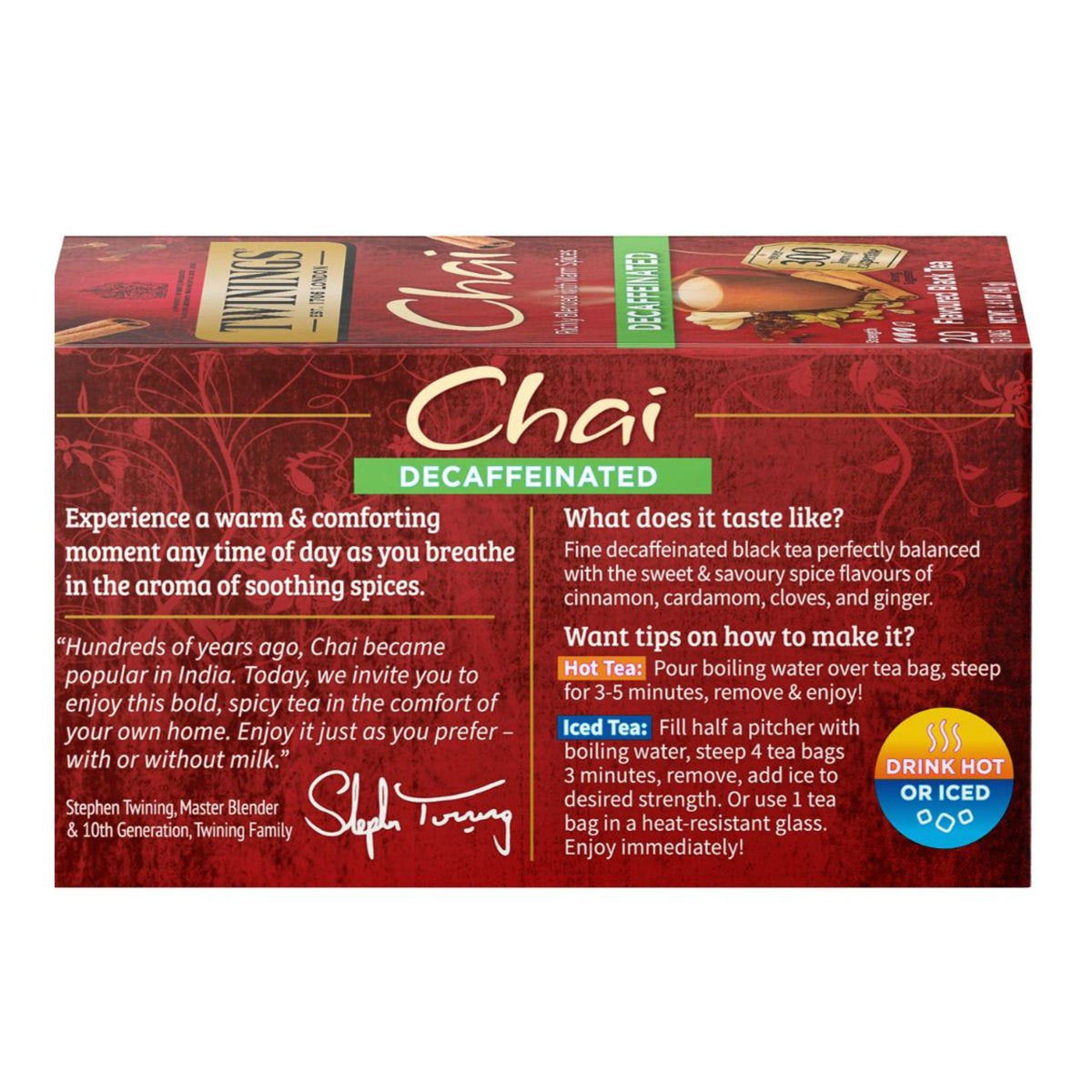 Side view of a box of Twinings Decaffeinated Chai tea on a white background