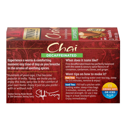 Side view of a box of Twinings Decaffeinated Chai tea on a white background