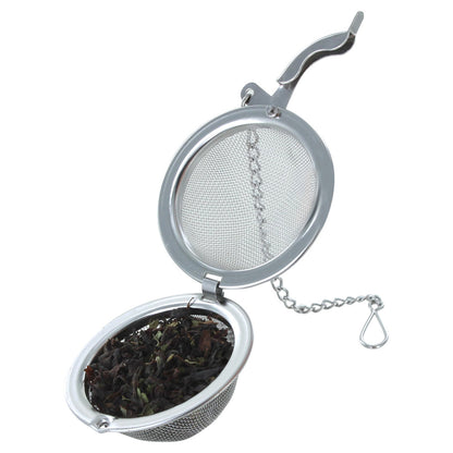 Tea ball infuser with mesh design and chain on a white background