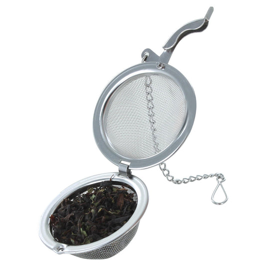 Tea ball infuser with mesh design and chain on a white background