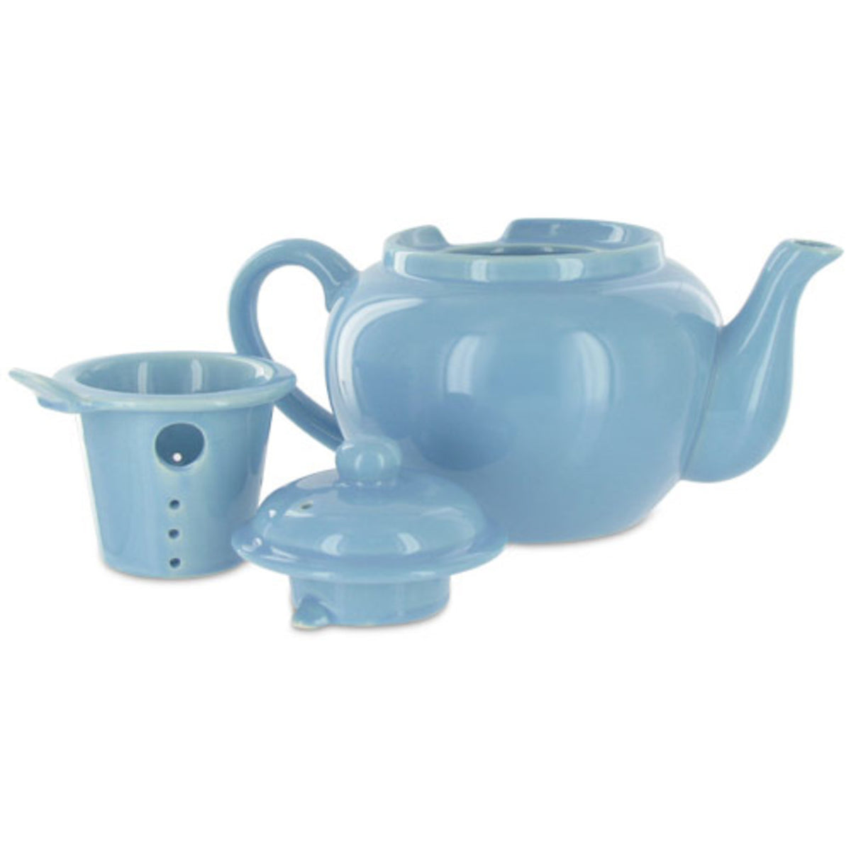 Blue ceramic teapot with lid and infuser on a white background