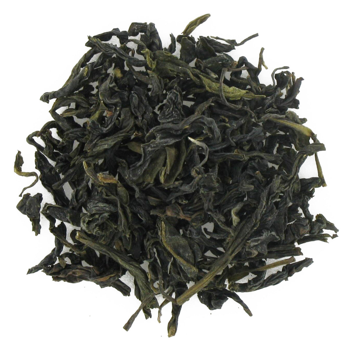 Dry green tea leaves on a white background