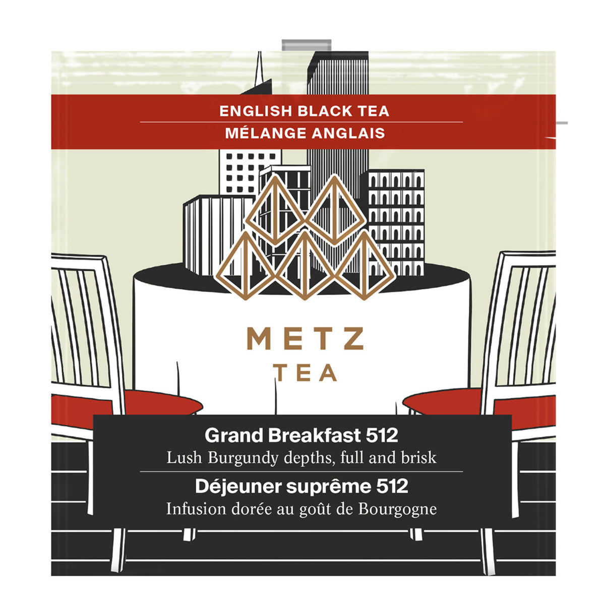 An individually wrapped package of Metz English Black Tea with black and white color scheme and red accents.  A drawing of a city skyline is on the bag with a drawing of two chairs with red cushions.