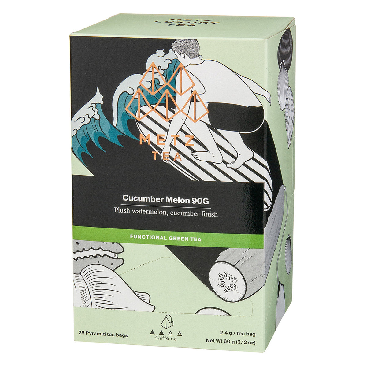 Tea box with artistic design and text on a white background