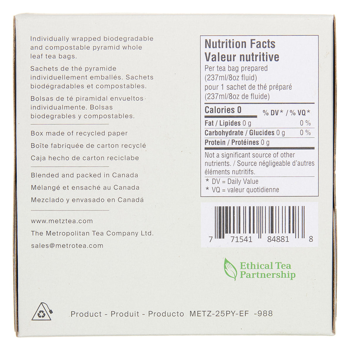 Back of a tea box with nutritional facts, ethical tea partnership logo, and product details.