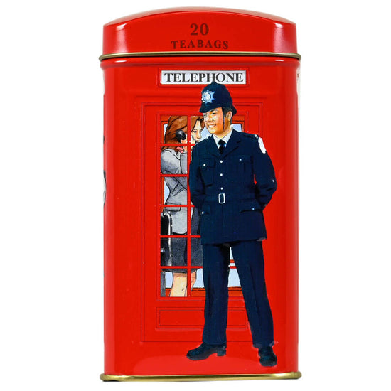 Red tin box for 20 teabags with a design of a police officer and red vintage English telephone booth on a white background