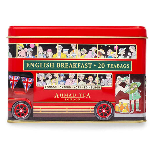 Red tea tin with British bus design featuring 'Ahmad Tea' branding on a white background