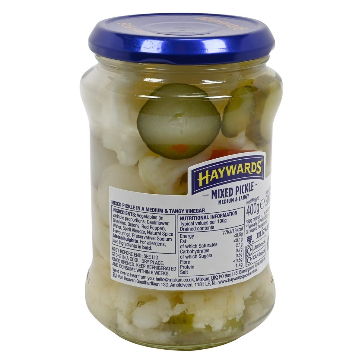 Jar of Haywards Mixed Pickel with nutritional label
