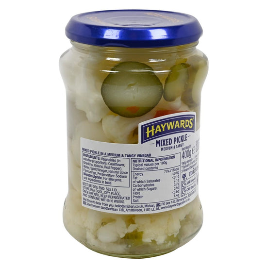 Jar of Haywards Mixed Pickel with nutritional label