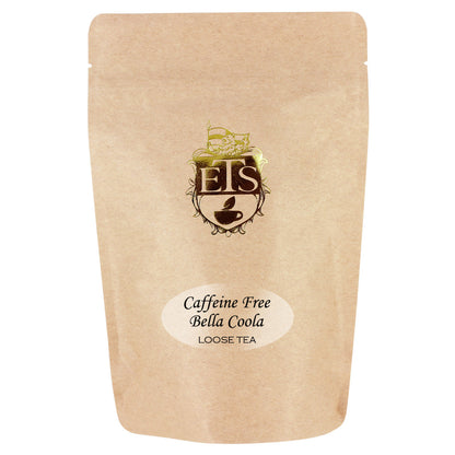 Kraft paper pouch with the ETS crest and a label for Caffeine Free Bella Coola Loose Tea