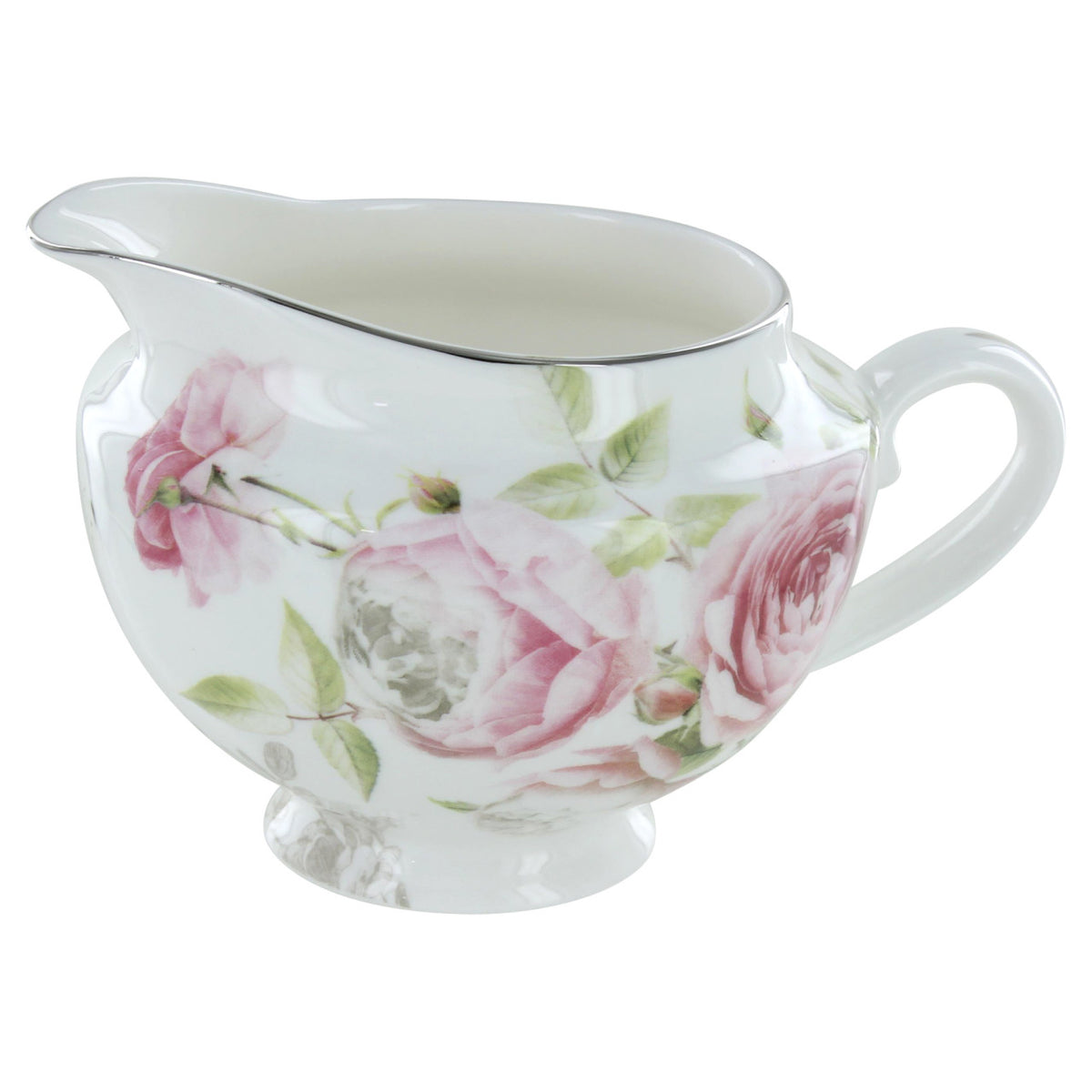 Rose bone white creamer with pink floral design on a white background