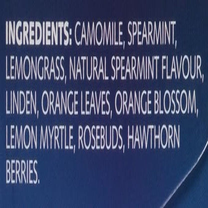 Ingredients listing in white text on a dark blue background listing camomile, spearmint, lemongrass and other ingredients.