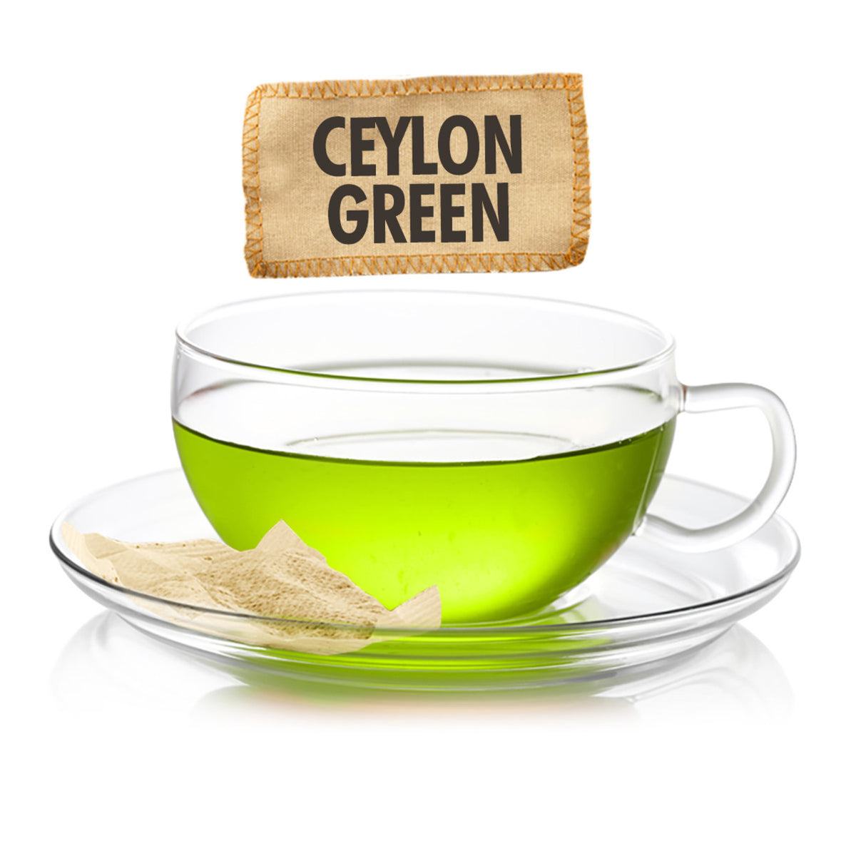 Clear glass cup with green Ceylon green tea and a small bag labeled 'Ceylon Green' on a white background.