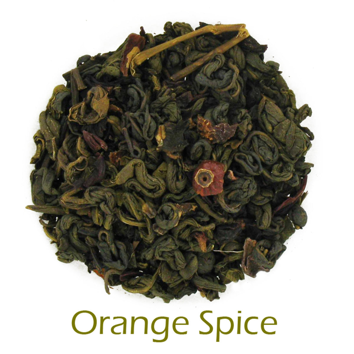 Orange Spice loose-leaf tea on a white background with product name caption