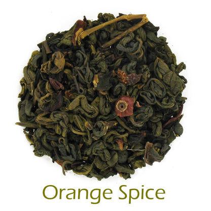 Orange Spice loose-leaf tea on a white background with product name caption